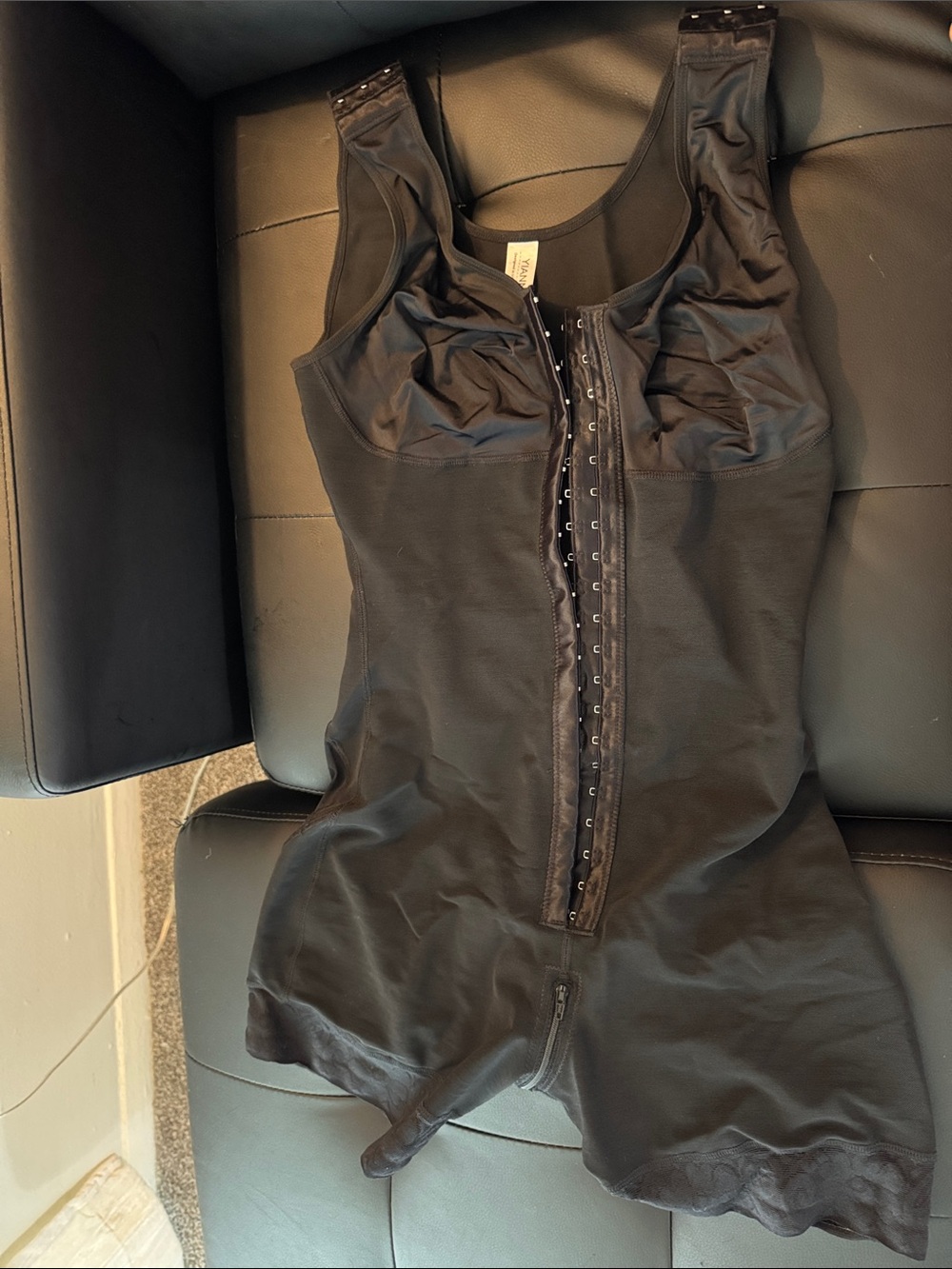 Black Front-Zip Sculpting Bodysuit with Hook Closure
